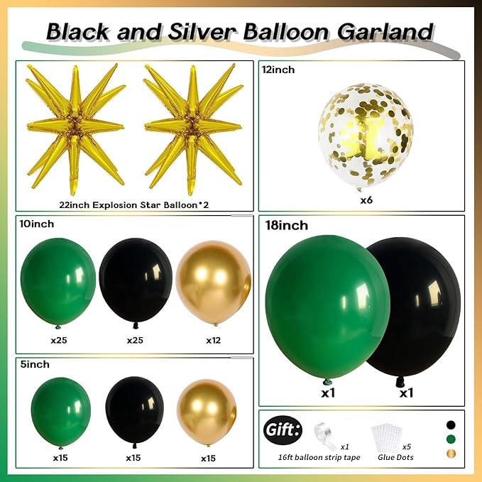 Dark Green and Black Balloon Arch Kit with Explosion Star Balloons, 123pcs Emerald Green and Confetti Gold Balloon Garland for Birthday Anniversary Bachelorette Grad Wedding New Year Party Decoration