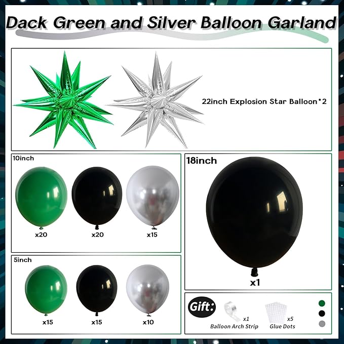 Black and Green Silver Balloon Arch Kit with Explosion Star Balloons, 105pcs Emerald Forst Green and Chrome Metallic Silver Balloons Garland for Wedding Birthday Football Graduation Party Decorations