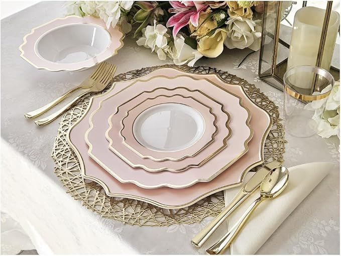 " OCCASIONS " 240 Plates Pack (120 Guests) Heavyweight Wedding Party Disposable Plastic Plates Set -120 x 10.5'' Dinner + 120 x 8'' Salad/Dessert Plate (Imperial in Blush & Gold)