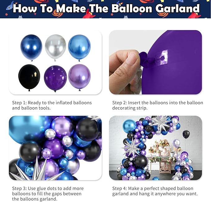Outer Space Balloon Garland Arch Kit, Galaxy Theme Birthday Party Decorations for Boys, Metallic Chrome Blue Purple Silver Explosion Star Balloon Garland Kit for Kids Baby Shower Party Decor Supplies