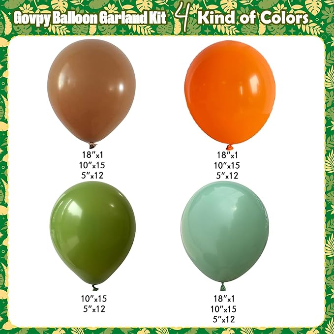 113 PCS Dinosaur Balloons Garland Arch Kit, Sage Green Orange Brown Balloons Arch Kit for Kids, Dinosaur Themed Birthday Party Decorations for Jungle Safari Dino Birthday Baby Shower Party Supplies