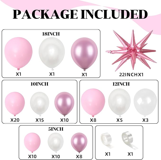 Pink and White Balloon Arch Kit, Pastel Pink Metallic Pink Pearl White Balloons Garland with Clear Balloons Explosion Star Foil Balloons for Girls Birthday Valentine's Day Princess Party Decorations