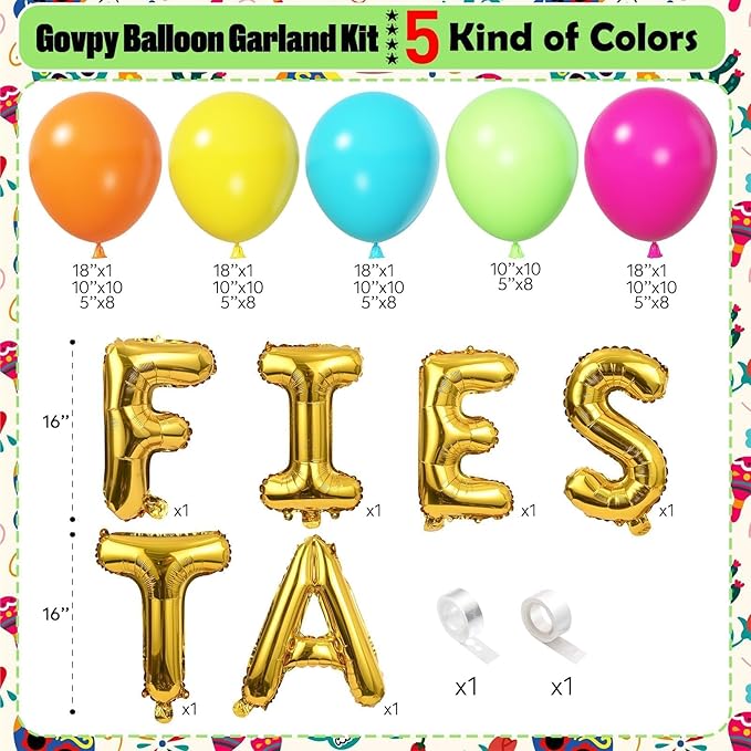 Fiesta Balloon Arch Kit, 100pcs Mexican Fiesta Party Decorations with Llama Sombrero Foil Balloons, Rainbow Balloon Garland for Cinco De Mayo Taco Twosday Birthday Carnival Party Decor Supplies