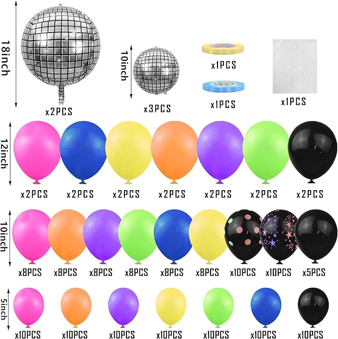 168PCS Rainbow Balloon Arch Garland Kit Neon Balloons 5 10 12 18 Inch Colorful Balloons Disco for Birthday Anniversary Dark Party Back to 80s 90s Disco Party Decorations Supplies