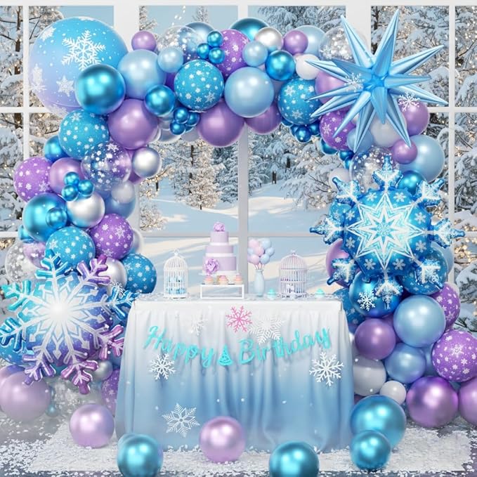 Frozen Balloon Arch Garland Kit 220pcs, Blue Purple White Balloons with Fringe Curtain Snowflake Balloons Birthday Banner for Winter Wonderland Baby Shower Snow Princess Birthday Party Decor
