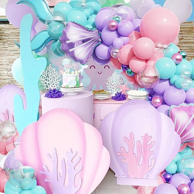 Mermaid Balloon Garland Arch Kit, Pastel Pink Purple Teal Blue Clear Balloons with Tail Seashell Foil Balloons for Little Mermaid Birthday Party Decorations Summer Under The Sea Ocean Party