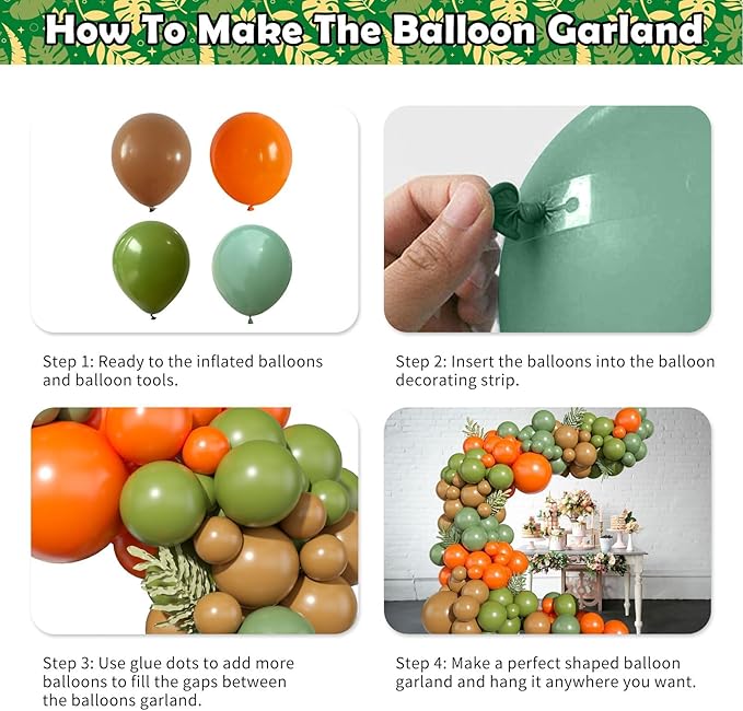 113 PCS Dinosaur Balloons Garland Arch Kit, Sage Green Orange Brown Balloons Arch Kit for Kids, Dinosaur Themed Birthday Party Decorations for Jungle Safari Dino Birthday Baby Shower Party Supplies