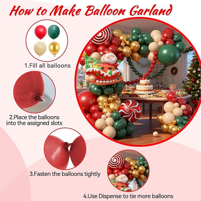 Christmas Balloon Arch Kit, Red Green Nude Metallic Gold Balloons with Santa Candy Lollipop Foil Balloons for Christmas Party Decorations Xmas Eve New Year Holiday Party Supplies