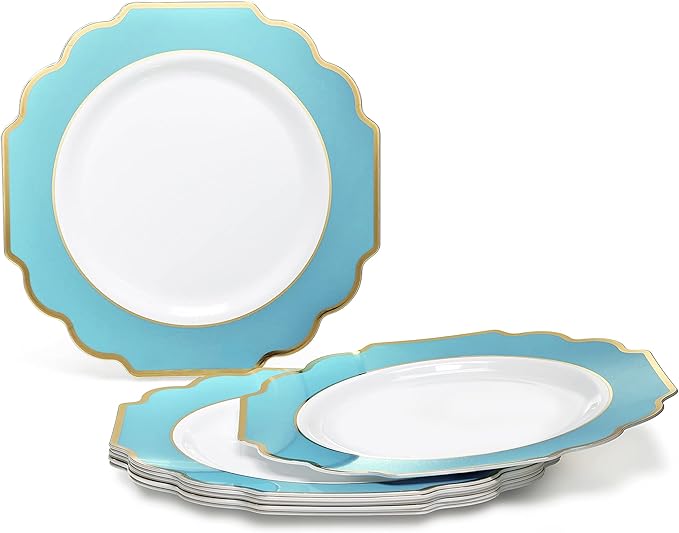 " OCCASIONS " 120 Plates Pack,(60 Guests) Heavyweight Wedding Party Disposable Plastic Plates -60 x 10.5'' Dinner + 60 x 8'' Salad/Dessert Plate (Imperial Aqua/Gold))