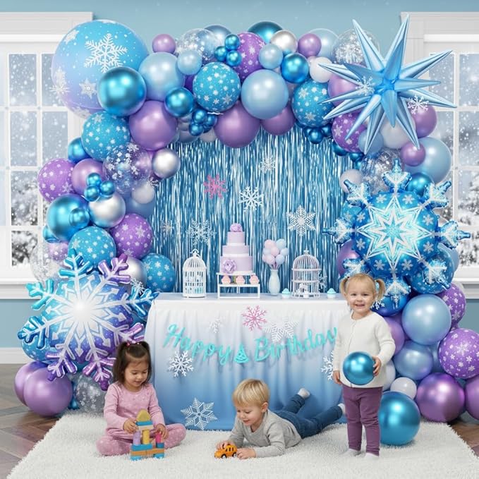 Frozen Balloon Arch Garland Kit 220pcs, Blue Purple White Balloons with Fringe Curtain Snowflake Balloons Birthday Banner for Winter Wonderland Baby Shower Snow Princess Birthday Party Decor