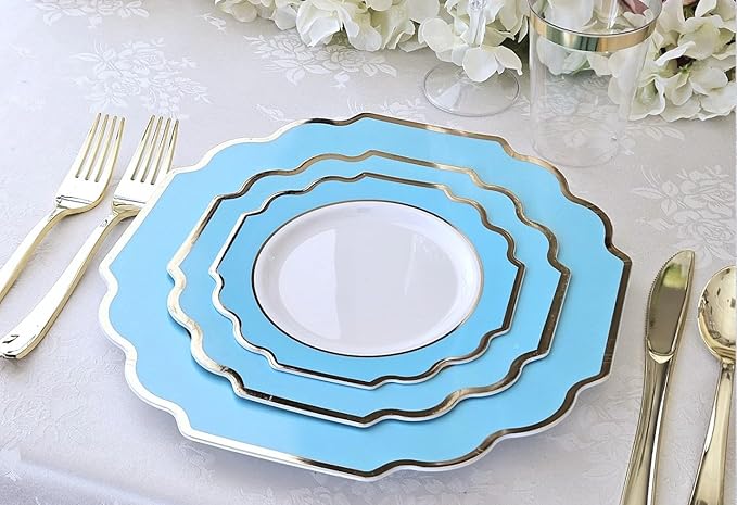 " OCCASIONS " 120 Plates Pack,(60 Guests) Heavyweight Wedding Party Disposable Plastic Plates -60 x 10.5'' Dinner + 60 x 8'' Salad/Dessert Plate (Imperial Aqua/Gold))