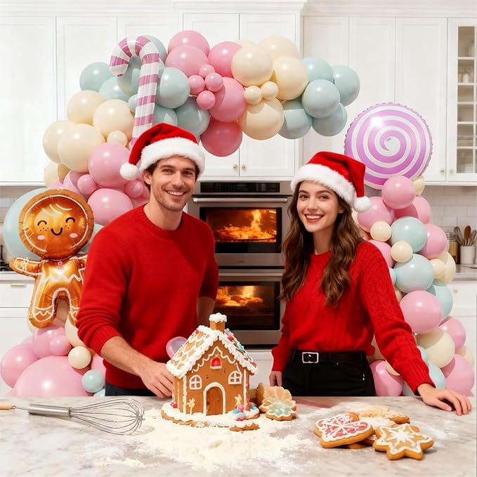 Christmas Balloon Arch Kit, Pink Green Ivory White Balloons with Gingerbread Man Candy Lollipop Foil Balloons for Christmas Party Decorations New Year Party Supplies