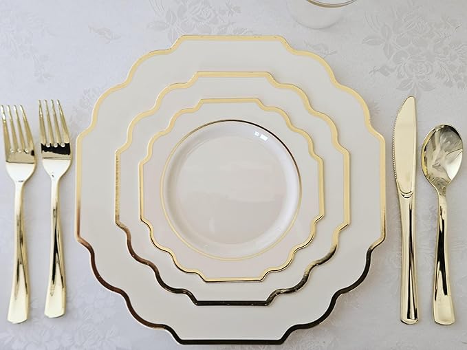 " OCCASIONS " 240 Plates Pack (120 Guests) Heavyweight Wedding Party Disposable Plastic Plates Set -120 x 10.5'' Dinner + 120 x 8'' Salad/Dessert Plate (Imperial Ivory & Gold)