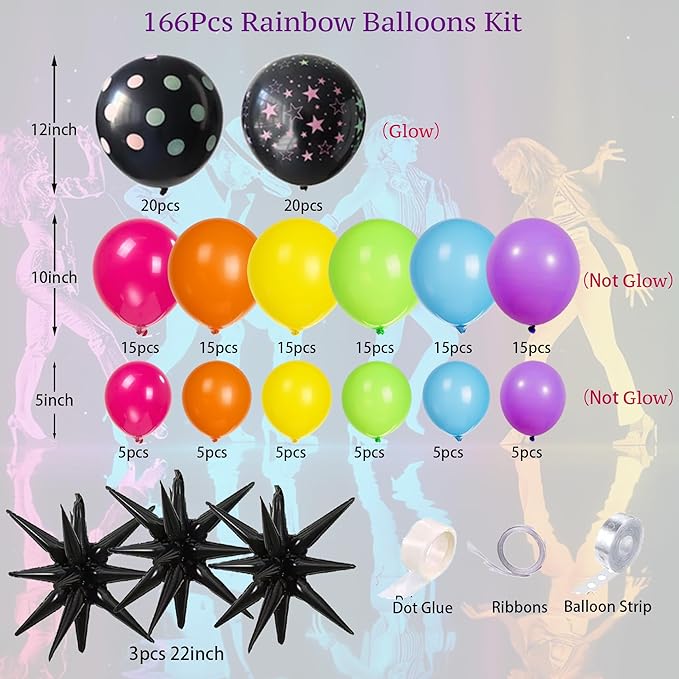 166pcs Rainbow Balloon Arch With UV Neon Balloons Glow In The Dark Party Supplies Cool Colorful Fiesta Balloons For Back To 80s 90s, Disco, Lets Glow Party Pack, Pool Birthday, Dance Party Decorations