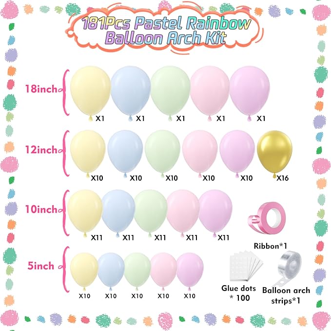 Pastel Rainbow Balloon Garland Kit 181Pcs Macaron Easter Balloon Arch Kit, Different Size Spring Colorful Balloon Garland for Spring Easter Birthday Baby Shower Gender Reveal Party Decorations