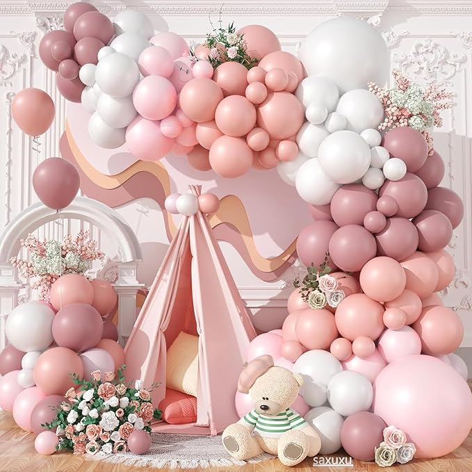 Dusty Pink Balloon Arch Kit, 122Pcs Dusty Pink Rose Pink Light White Balloons for Girls Boho Birthday Bridal Wedding Engagement Pearl Baby Shower Anniversary Party Decorations