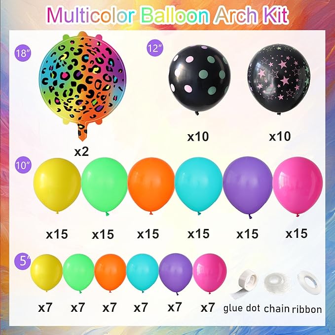 157pcs Neon Rainbow Balloon Arch Kit, Hot Pink Lake Blue Yellow Green Orange Purple Balloons with Cheetah Foil Balloons for Neon Party Decorations Back to 80S 90S Birthday Supplies