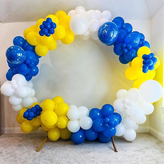 Royal Blue Yellow Balloon Arch Garland Kit, 129pcs Metallic Blue and Yellow White Gold Balloons Garland with 4D Foil Star Balloons for Baby Shower Anniversary Graduation Birthday Party Decorations