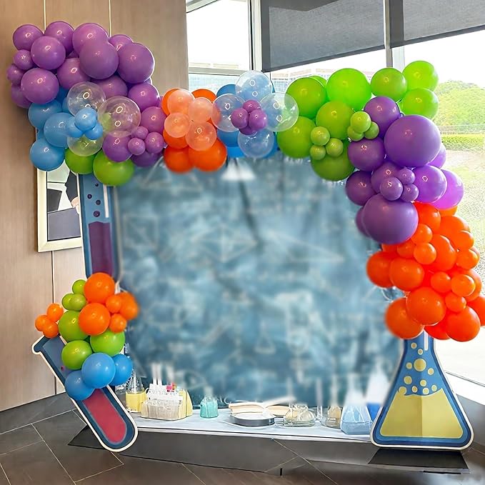 Science Balloon Arch Kit, 122Pcs Purple Dark Blue Green Orange Transparent Colorful Balloons for Boys Science Birthday Party Lab Scientist Lab Classroom Decorations