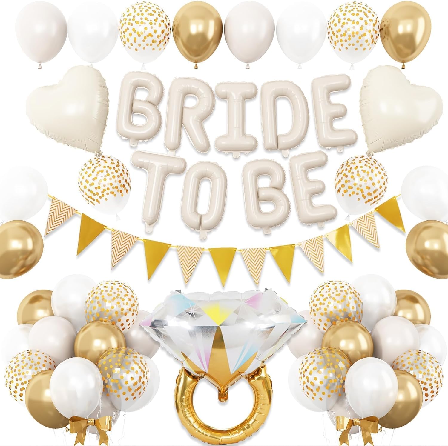 Sand White Bachelorette Party Decorations, Nude White Bride To Be Bridal Shower Balloons Decorations, White and Gold Balloons with Diamond Ring Cream Heart Balloons for Bachelorette Engagement Wedding