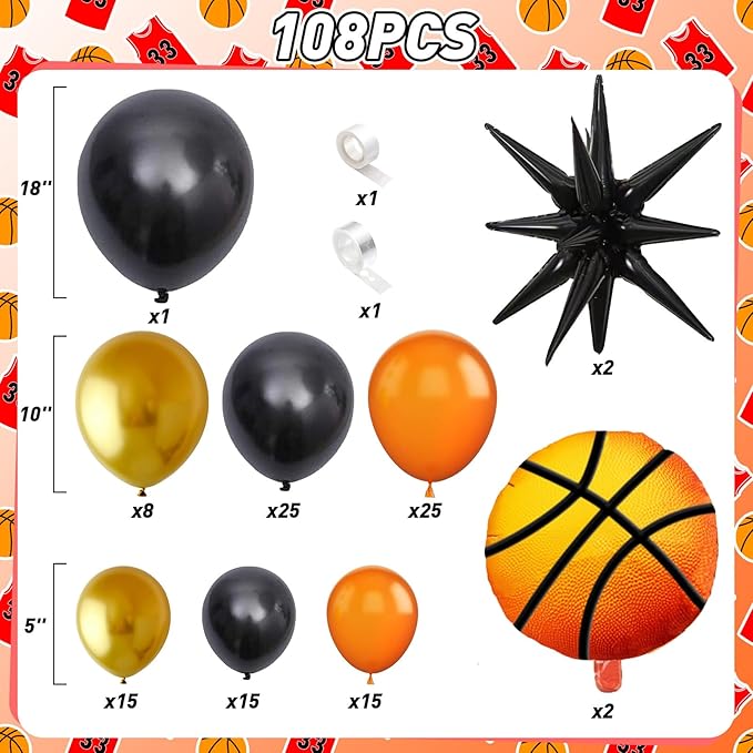 Basketball Balloon Arch Kit, 108Pcs Black Orange and Metallic Gold Balloon Garland Kit with Black Explosion Star and Basketball Foil Balloons 18 10 5 Inch for Boys Men Birthday Party Supplies