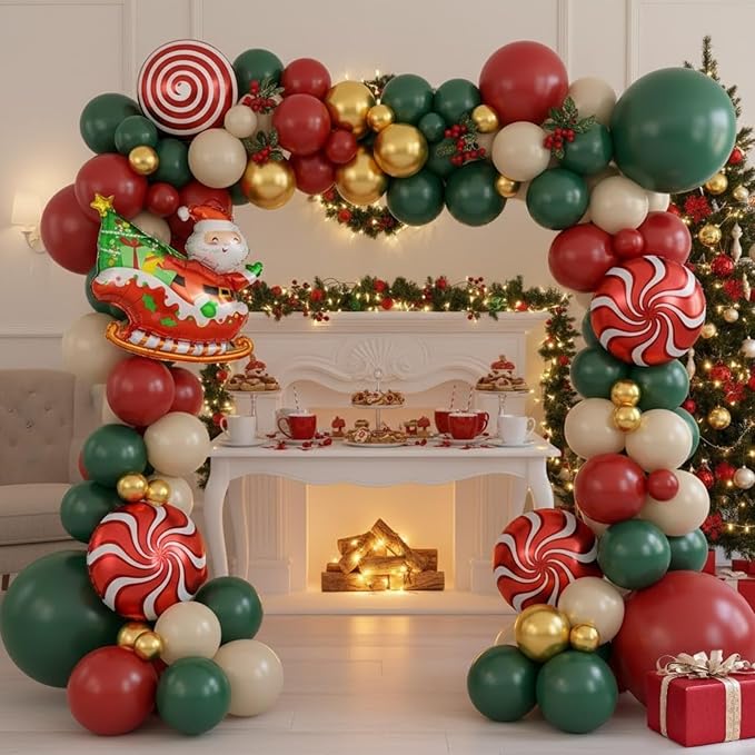 Christmas Balloon Arch Kit, Red Green Nude Metallic Gold Balloons with Santa Candy Lollipop Foil Balloons for Christmas Party Decorations Xmas Eve New Year Holiday Party Supplies