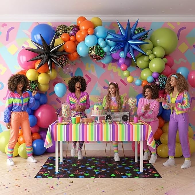 Neon Balloon Arch Kit, 122Pcs Bright Orange Green Blue Hot Pink Yellow Purple Black Rainbow Balloons with Foil Star Balloons for 80s 90s Neon Party Rainbow Birthday Decorations Disco Party Backdrop