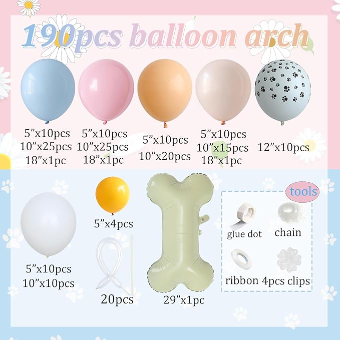 190Pcs Blue Balloon Garland Arch Kit,Dog Paw Birthday Party Decorations,Pastel Pink Blue Daisy Sunflower Balloons with Bone Foil Balloons for Boys Girls Baby Shower Blue Puppy Party Decorations