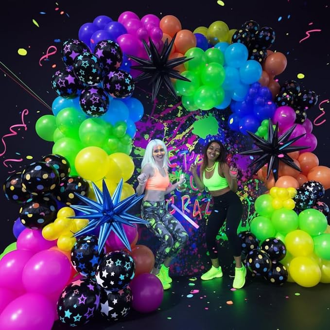 185Pcs Neon Balloons Arch Garland Kit with Glow in the Dark Balloons, Neon Balloons Arch Kit for Back to 80s 90s DISCO Birthday Party Decorations, Let's Glow Party, Rock Roll Party Supplies