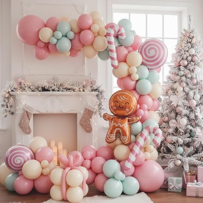 Christmas Balloon Arch Kit, Pink Green Ivory White Balloons with Gingerbread Man Candy Lollipop Foil Balloons for Christmas Party Decorations New Year Party Supplies