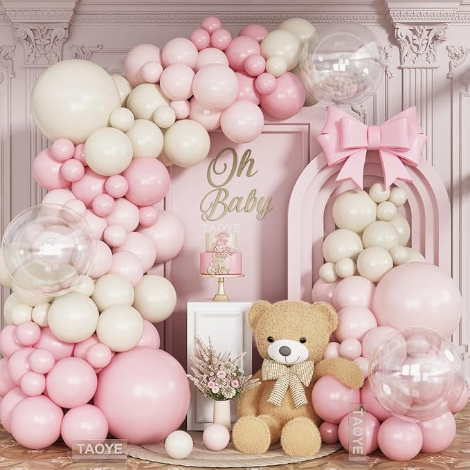 Pink White Balloon Arch Kit, Double Stuffed Pastel Pink Ivory White Balloon Garland, Baby Pink Cream White Balloons with 3pcs 18Inch Clear Balloons for Girls Birthday Baby Shower Party Decorations