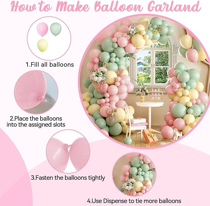 Pink and Green Balloon Arch Kit, 122Pcs Dusty Green Macaron Pink Yellow Matte Balloons for Girls Flower Birthday Bridal Wedding Engagement Floral Baby Shower Anniversary Tea Party Decorations