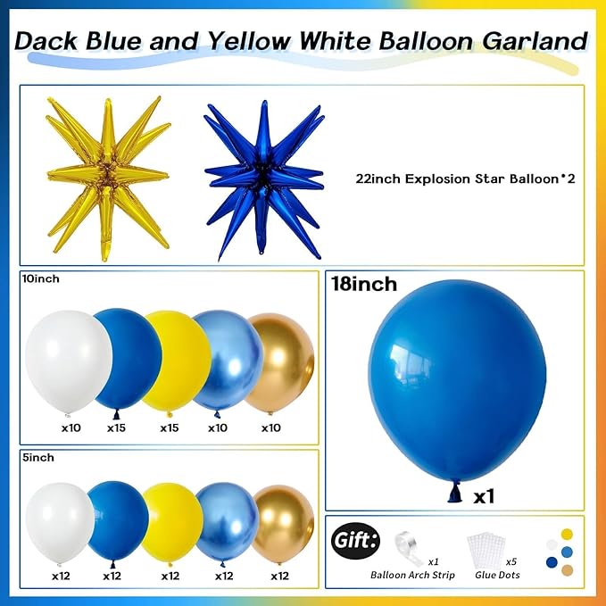 Royal Blue Yellow Balloon Arch Garland Kit, 129pcs Metallic Blue and Yellow White Gold Balloons Garland with 4D Foil Star Balloons for Baby Shower Anniversary Graduation Birthday Party Decorations