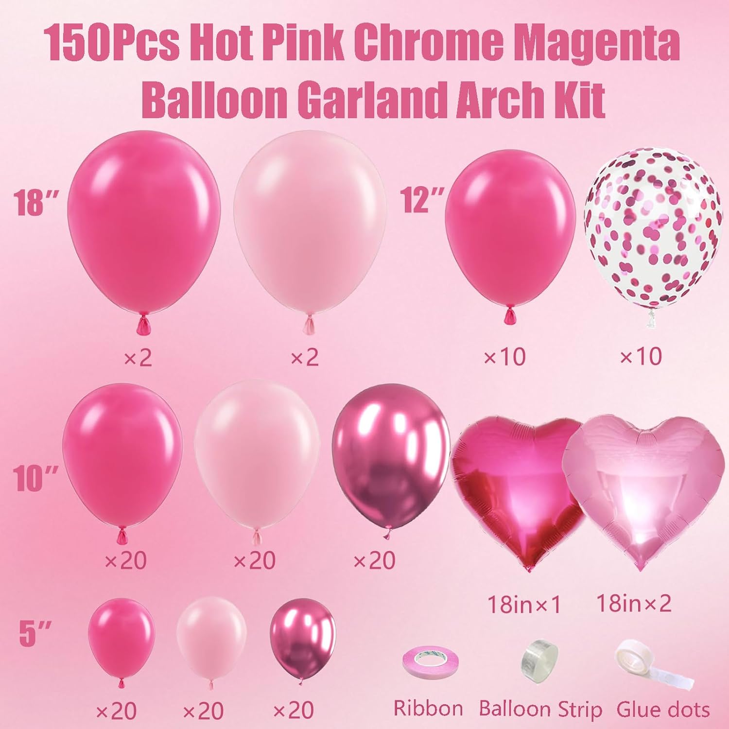 Hot Pink Balloon Garland Arch Kit,150Pcs Baby Pink and Metallic Magenta Balloon Pink Confetti Balloons with Heart Foil Balloons for Girls' Birthday Princess Wedding Baby Shower Party Decorations