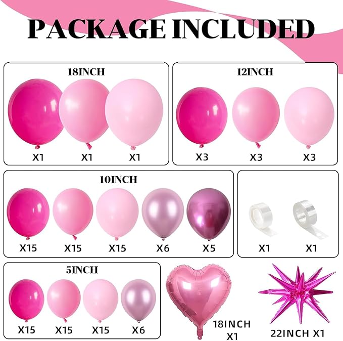 Pink Balloon Arch Kit, 112 PCS Pink and Hot Pink Pastel Pink Metallic Balloons Garland with Explosion Star Heart Foil Balloons for Girls Birthday Bridal Valentine's Day Princess Party Decorations