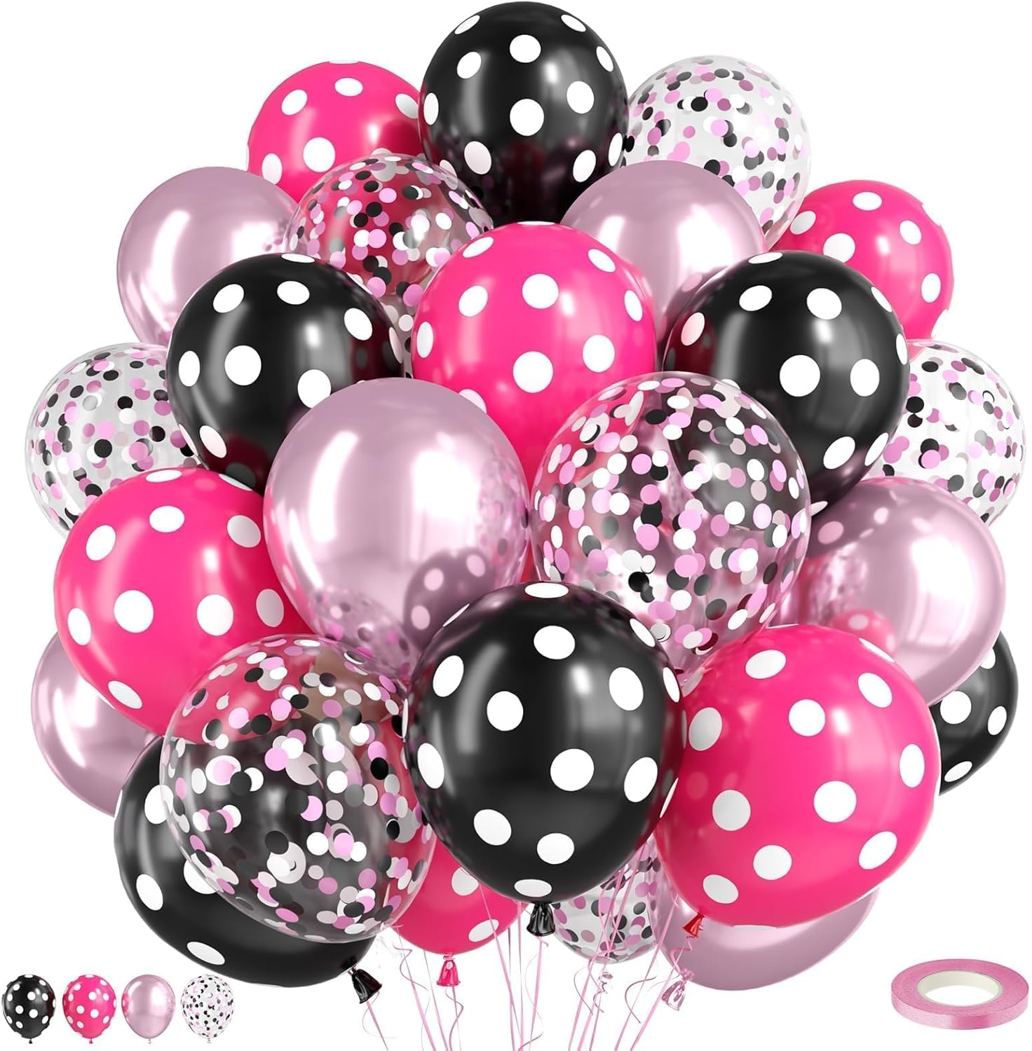 Pink and Black Balloons,50Pcs 12 Inch Hot Pink White Black Dots Metallic Pink Latex Balloons,for Girls Women Wedding Birthday Party Supplies
