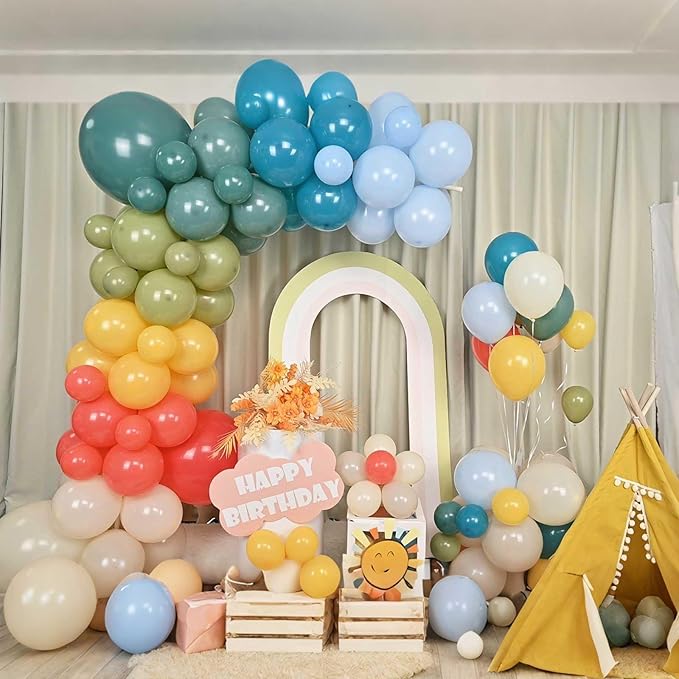Retro Boho Balloon Arch Garland Kit, 163Pcs Retro Blue Orange Mustard Yellow Balloon Arch Garlands for First Birthday Theme Boho Colorful Baby Shower Wedding Bridal Shower Rainbow Party Decoration