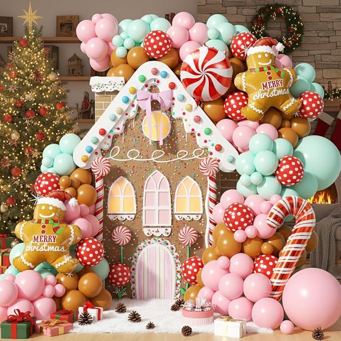 153Pcs Christmas Balloon Arch Garland Kit Xmas Pastel Pink Green Brown Latex Balloons Gingerbread Man Candy Cane Foil Balloons Arch Kit for Christmas New Year Party Birthday Party Decorations