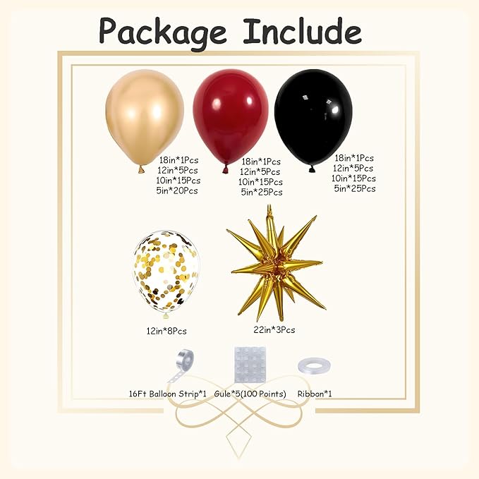 DBKL Burgundy Balloon Arch Garland Kit with Burgundy Black Metallic Gold Confetti Balloons for Class of 2025 Birthday Graduation Party Decorations