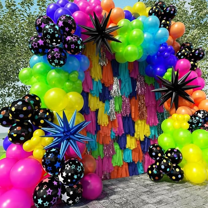 185Pcs Neon Balloons Arch Garland Kit with Glow in the Dark Balloons, Neon Balloons Arch Kit for Back to 80s 90s DISCO Birthday Party Decorations, Let's Glow Party, Rock Roll Party Supplies