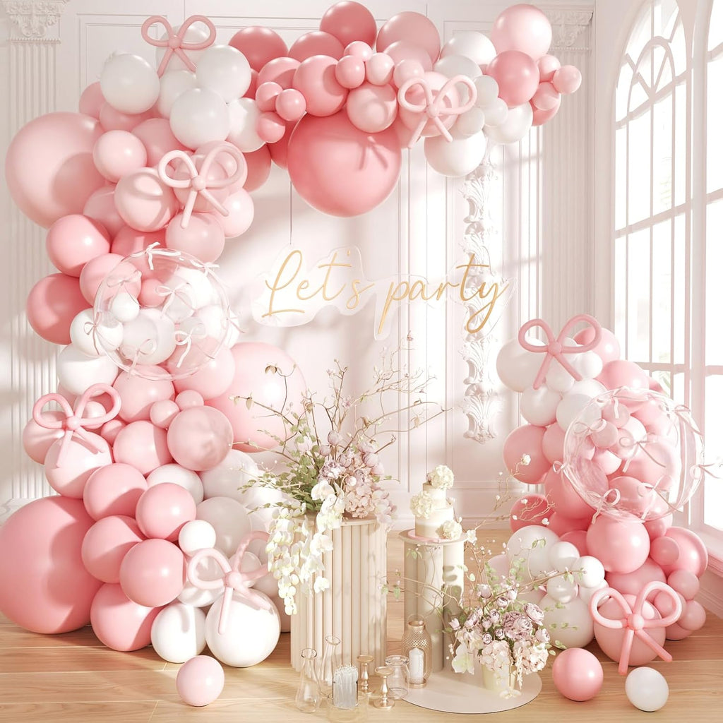 Pink Bow Balloons Garland Arch Kit,180Pcs Pink and White Balloons with Clear Balloon Wrap Bows for Wedding Bachelorette Baby Shower Coquette Birthday Party Decorations
