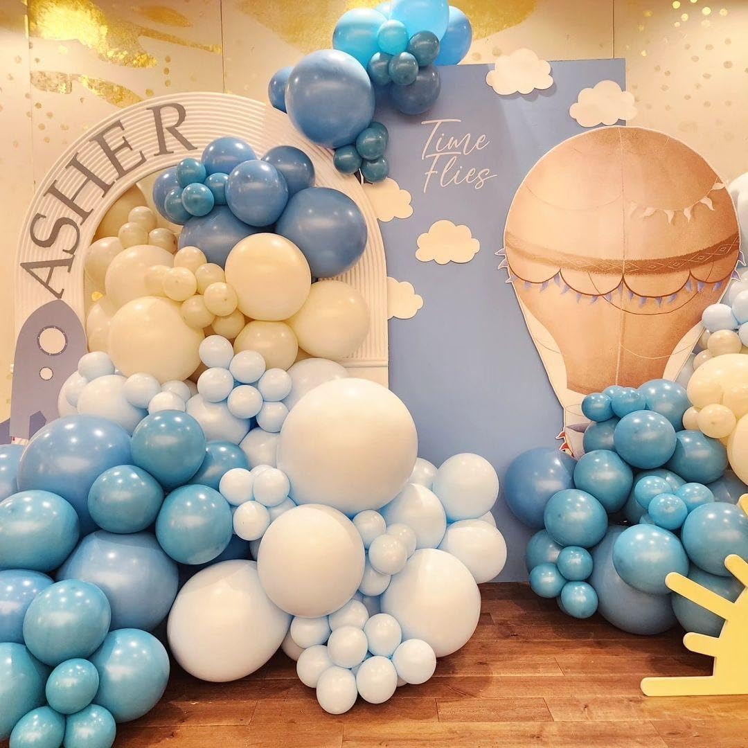 Up Up and Away Balloon Garland Arch Kit, 152pcs Dusty Slate Fog Baby Blue and Sand White Balloons with Hot Air Balloon and Cloud Foil Balloons for Baby Shower Decoration Teddy Themed Party