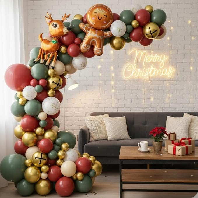 Christmas Balloon Arch Kit, Green Retro Pink Orange Sage Green Metallic Gold Balloons with Santa Candy Lollipop Foil Balloons for Christmas Party Xmas Eve New Year Holiday Party Decorations