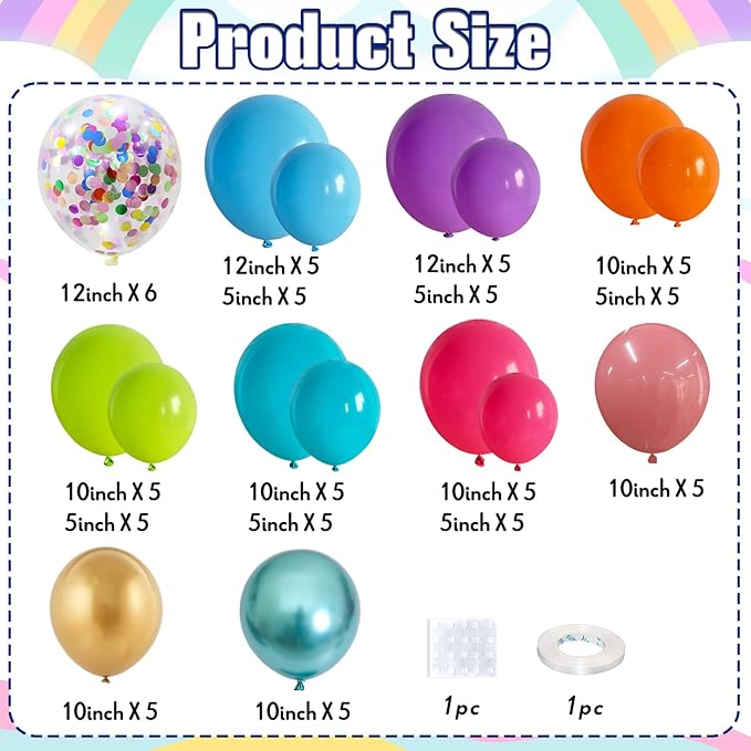 Multicolor Neon Balloon Arch Garland Kit, Assorted Color Blue Purple Orange Green Pink Green Gold Rainbow Balloon Garland, Colorful Balloon Arch Kit for Kids Carnival Summer Birthday Party Decorations
