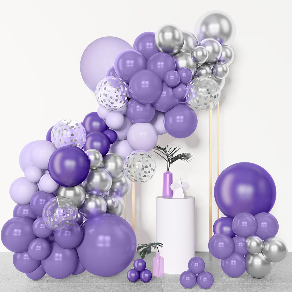 Amandir 153pcs Purple Balloon Garland Arch Kit, Different Sizes 18 12 10 5 inch Lavender Latex Metallic Confetti Silver Balloons for Girls Women Wedding Birthday Baby Shower Party Decorations Supplies