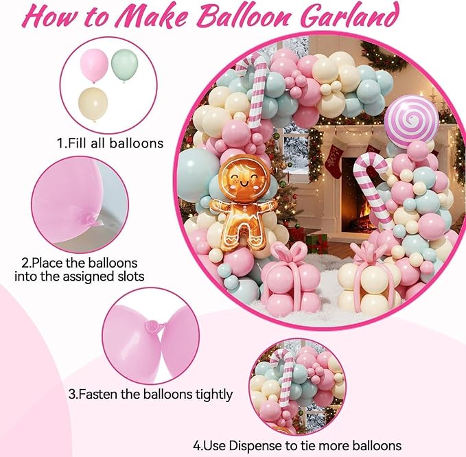 Christmas Balloon Arch Kit, Pink Green Ivory White Balloons with Gingerbread Man Candy Lollipop Foil Balloons for Christmas Party Decorations New Year Party Supplies
