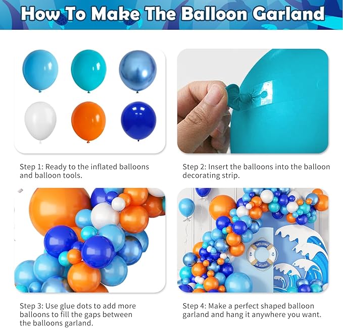 Blue and Orange Balloon Garland Arch Kit, Klein Navy Light Blue Teal Orange White Metallic Under the Sea Balloon Arch Kit for Boys Space Ocean Basketball Birthday Graduation Party Decorations Supplies