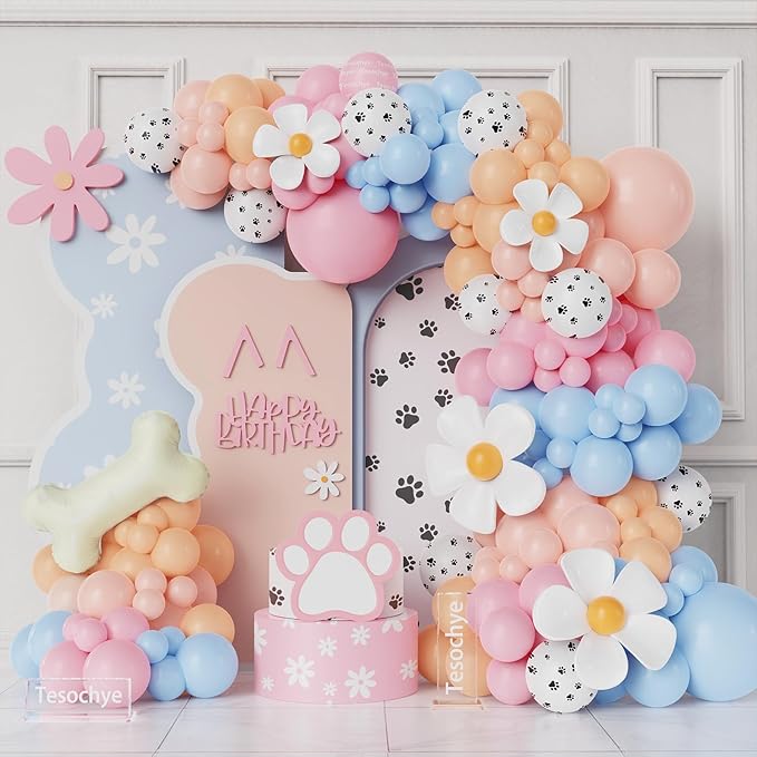 190Pcs Blue Balloon Garland Arch Kit,Dog Paw Birthday Party Decorations,Pastel Pink Blue Daisy Sunflower Balloons with Bone Foil Balloons for Boys Girls Baby Shower Blue Puppy Party Decorations
