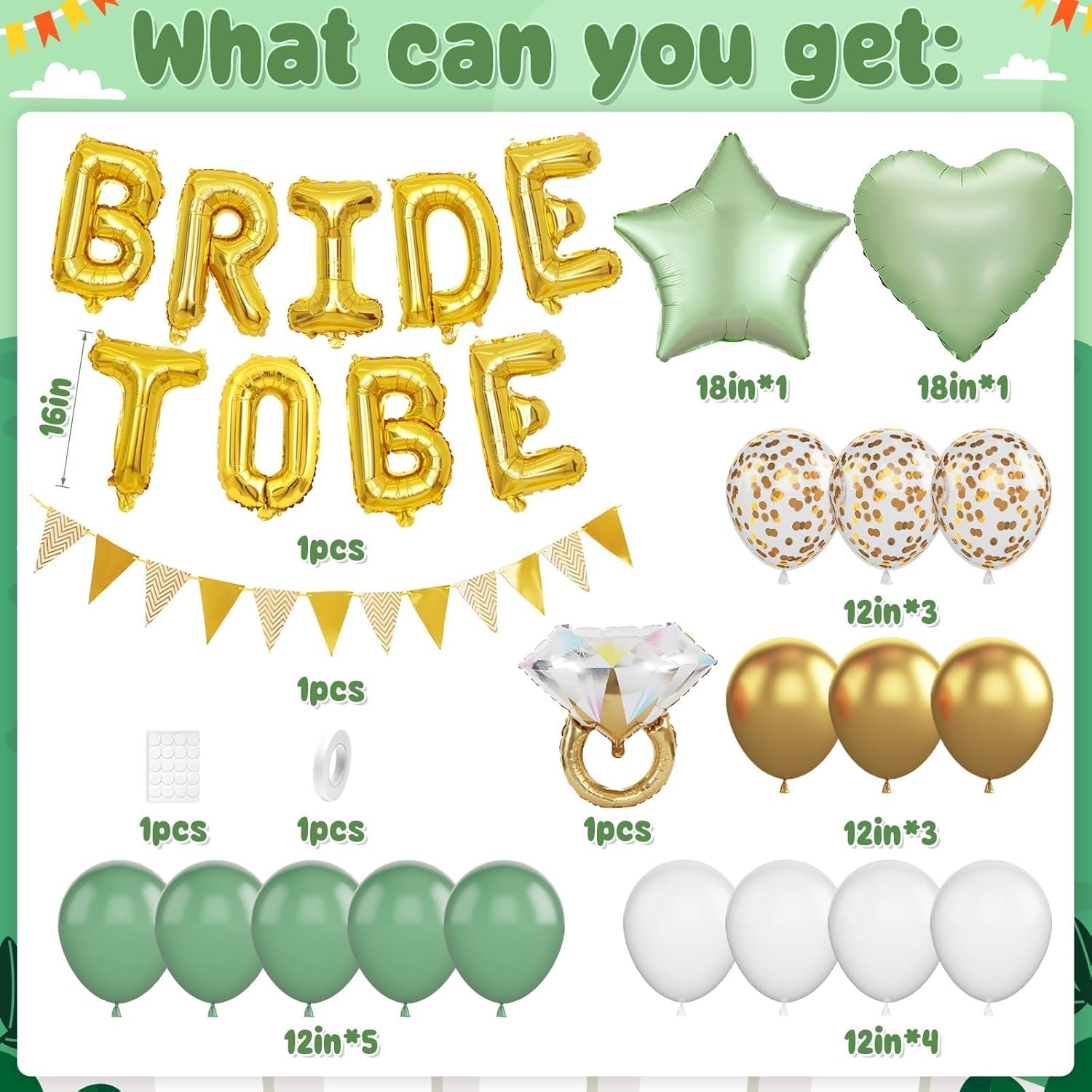 Bridal Shower Decorations Sage Green,Bachelorette Party Decor with Bride To Be Letter Balloons Banner, Diamond Ring Heart Foil Balloon,Green Gold Confetti Balloons for Engagement Wedding Party favors