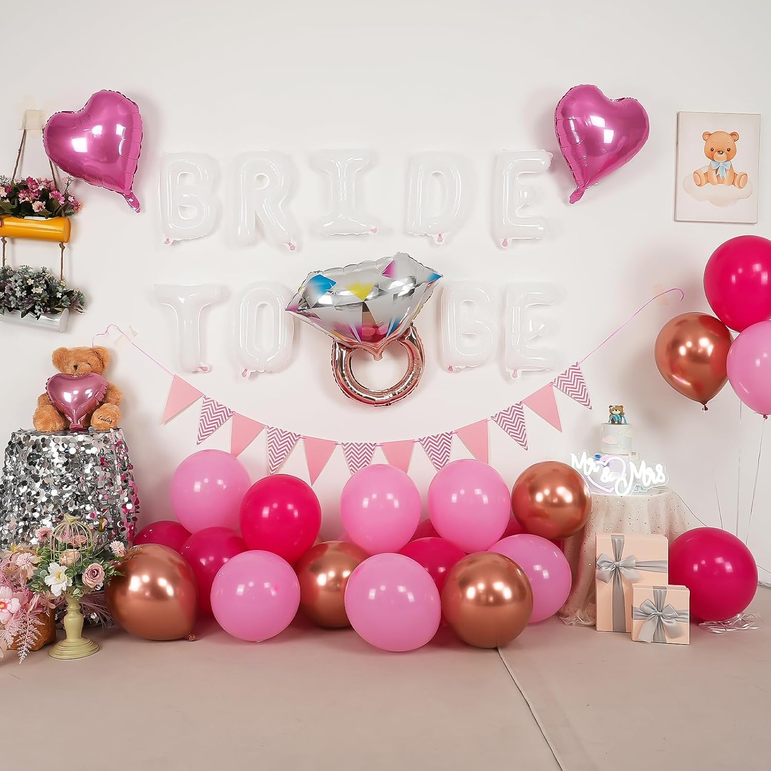 Pink White Bachelorette Party Decorations, White Bride To Be Bridal Shower Balloons Decorations, Hot Pink Rose Gold Balloons with Diamond Ring Cream Heart Balloons for Bachelorette Engagement Wedding